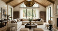 Cushing L-sectional in Ivory Linen in a living room with a vaulted wood ceiling