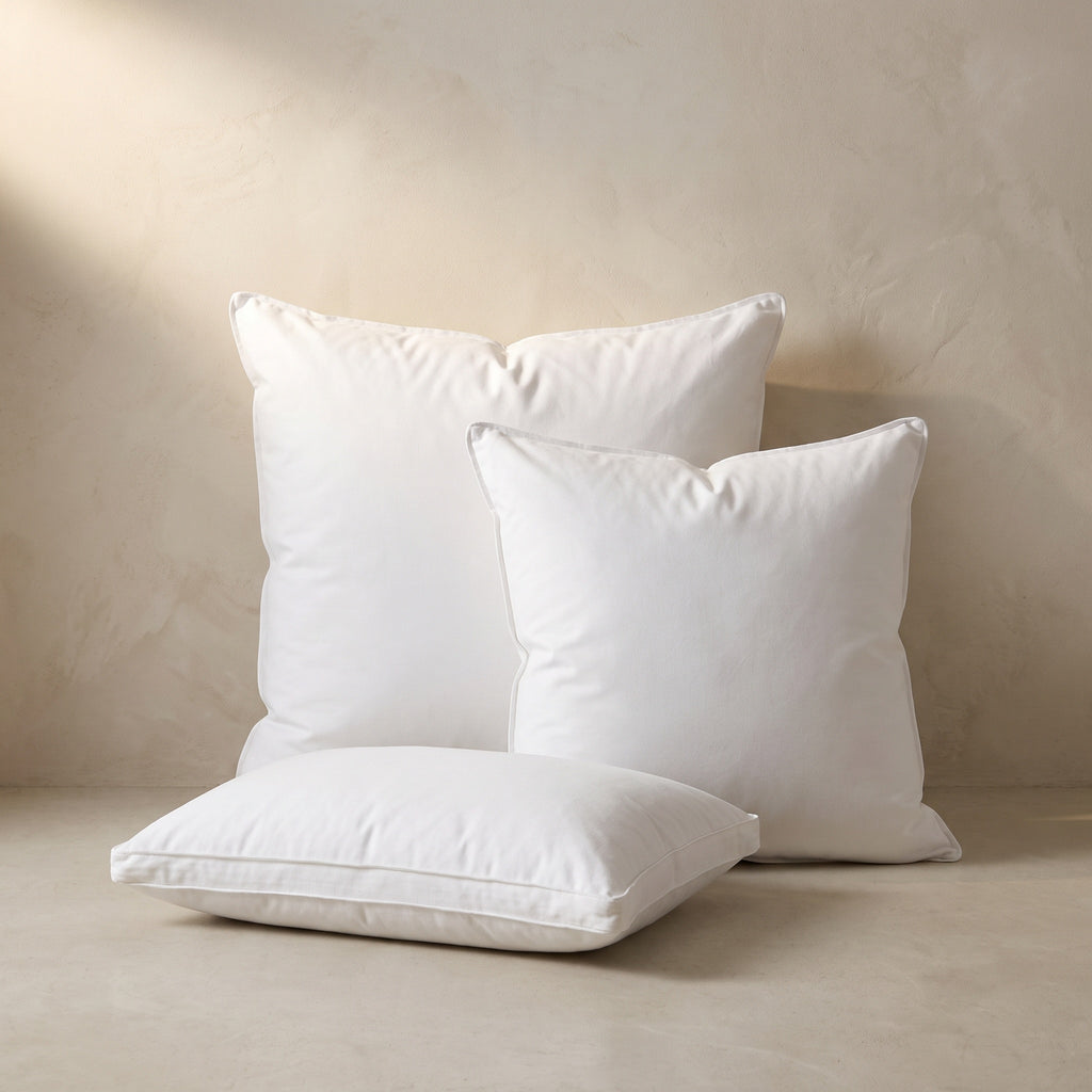 Two square white pillow inserts and a lumbar insert in white cotton