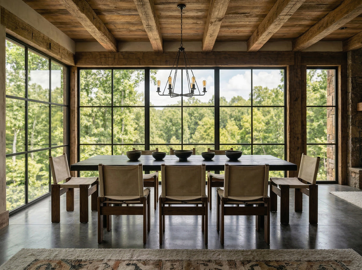 Tela dining chairs around a dining table in a timber-beamed dining room with floor-to-ceiling windows